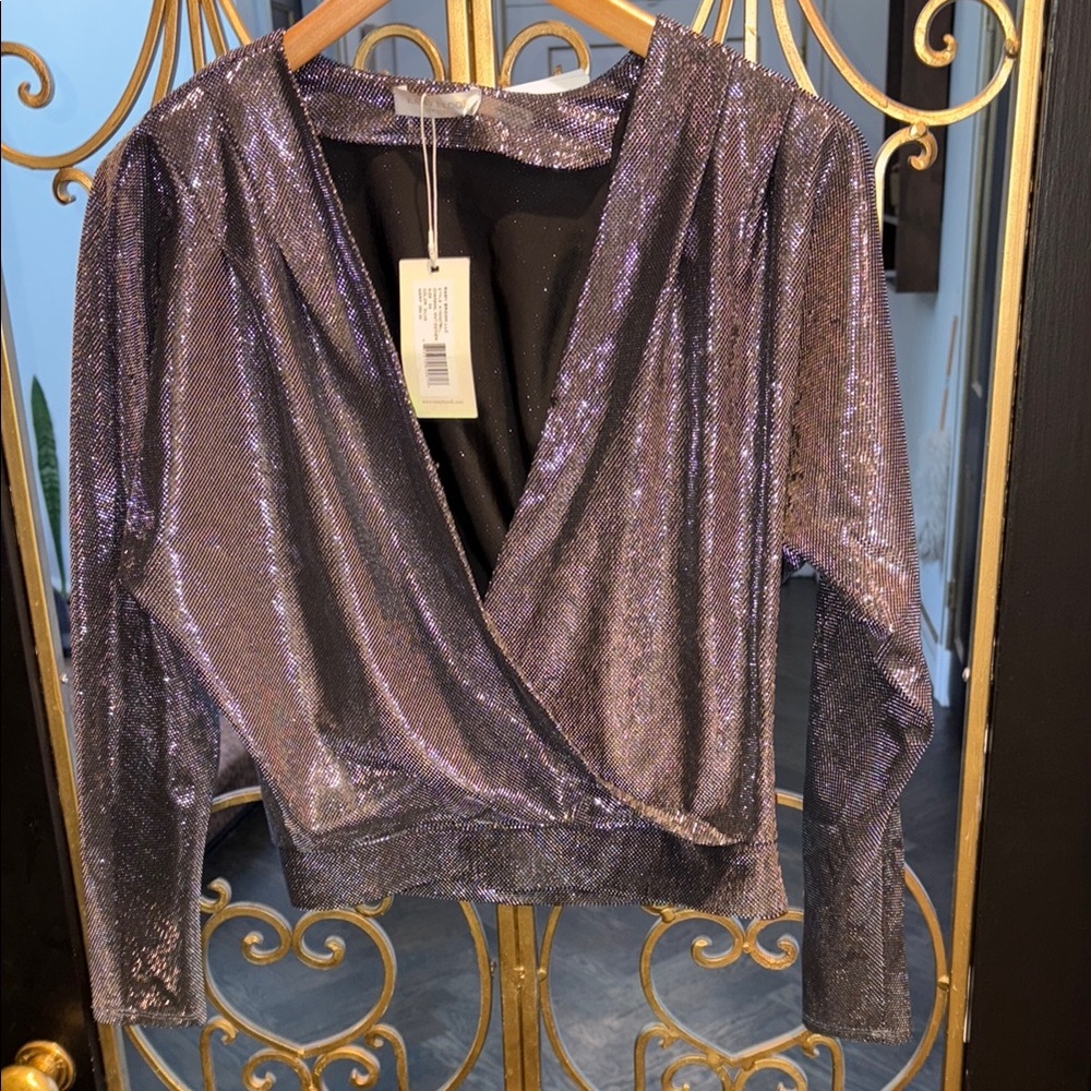 Shimmering pleated cleavage 80 shoulder pads boxy Metallic Long Sleeve Top xs